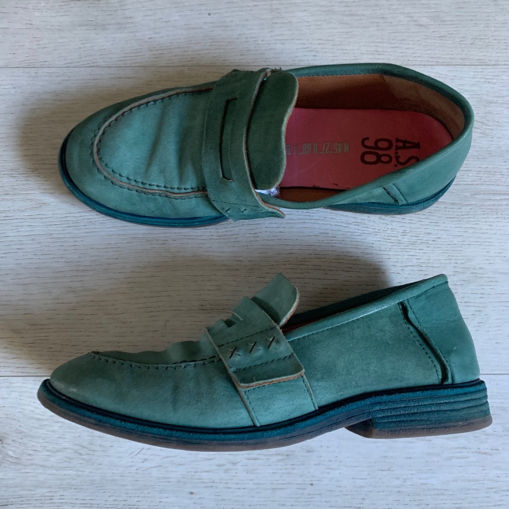 A.S. 98 Emerald Vern suede k loafer in teal or‎ green leather sz 39 distressed